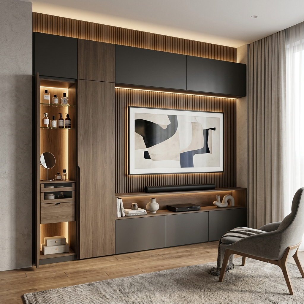 TV unit with concealed dresser and LED backlighting, a media console that doubles as a full-solution bedroom dresser with mirrored sliding panels concealing garment storage behind the television screen panel